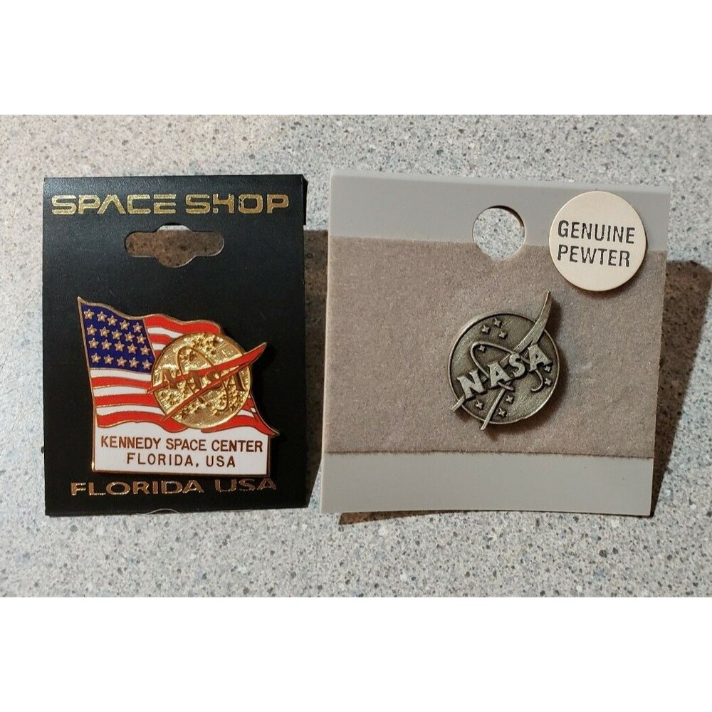 [Lot of 2] NASA Lapel/Hat Pins: Pewter Logo & Kennedy Space Center Enameled